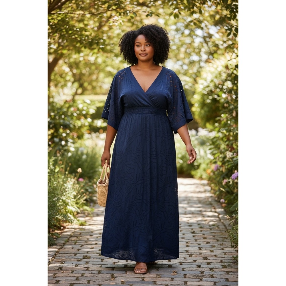 Lane Bryant Navy Burnout Palm Maxi Dress Crochet Waist Feminine Flowy Size 18/20